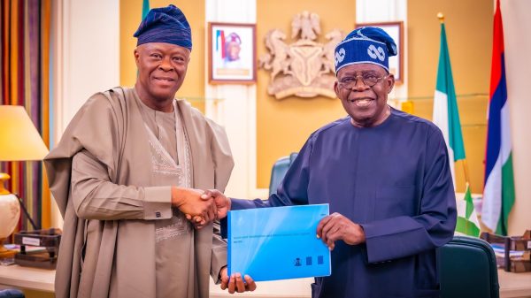 President Bola Tinubu with Minister of Finance, Wale Edun, druing the presentation of an economic stabilisation plan developed by EMT Emergency Taskforce to the President